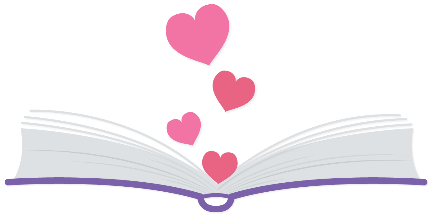 Open book with purple and pink hearts rising above it.