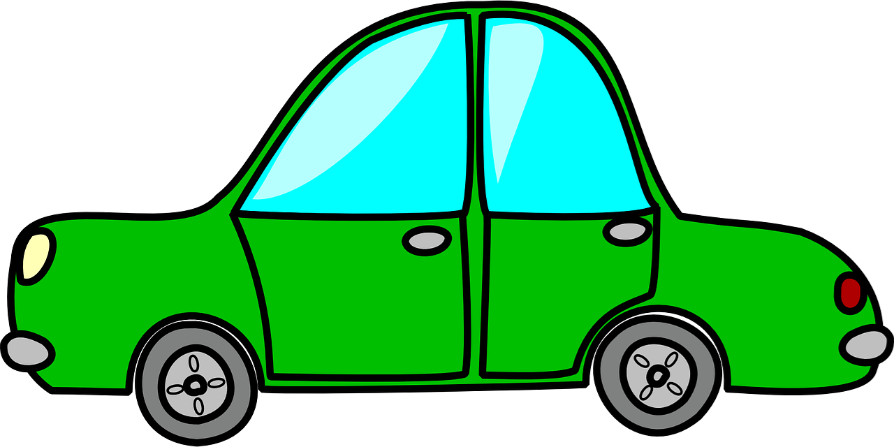 Image is of a child-like drawn green car.