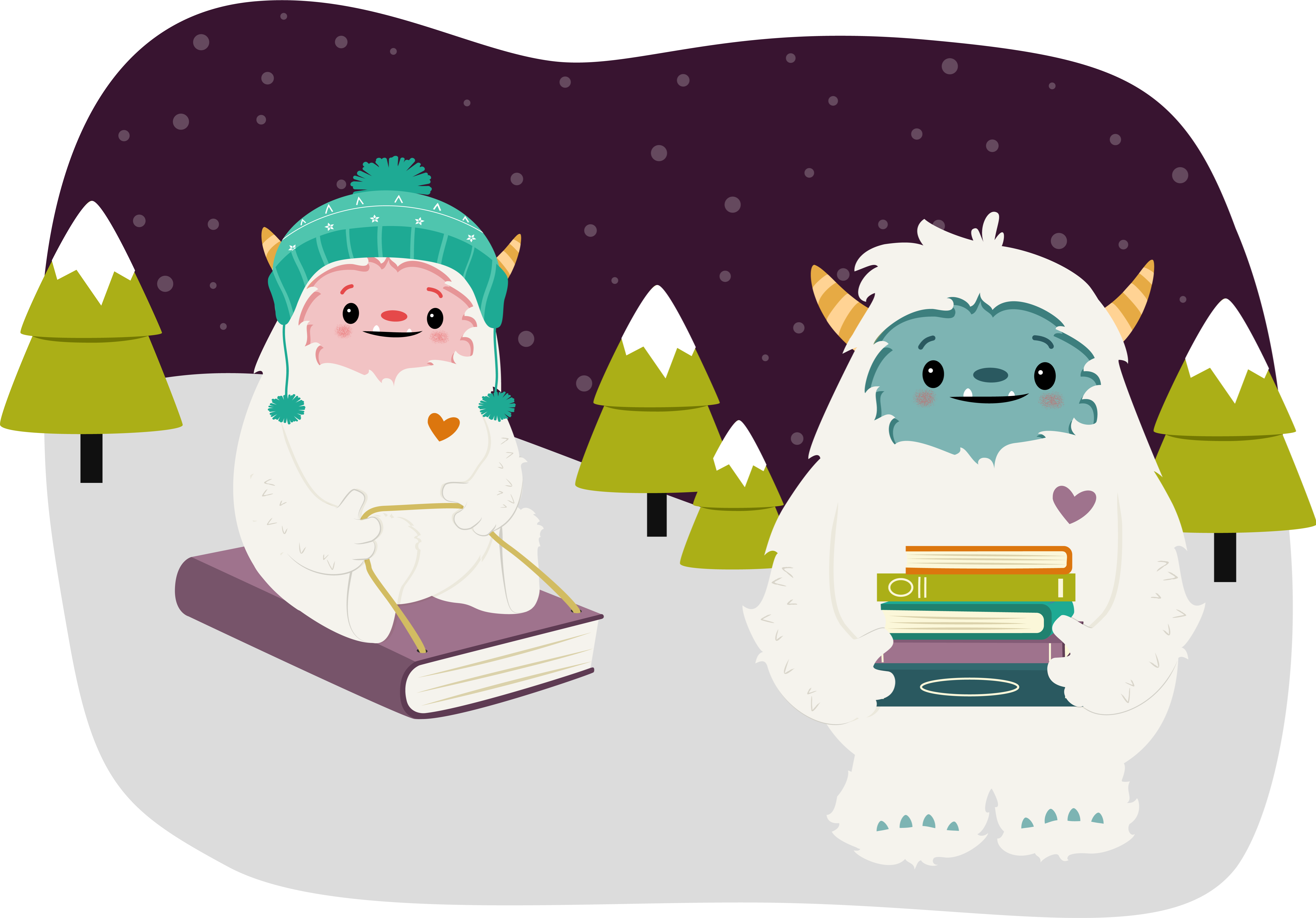 two yeti with books