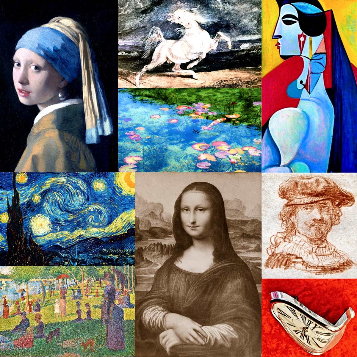 Paintings from famous artists: Vermeer, Delacroix, Monet, Picasso, Rembrandt, Dali, Davinci, Seurat, and Van Gogh.