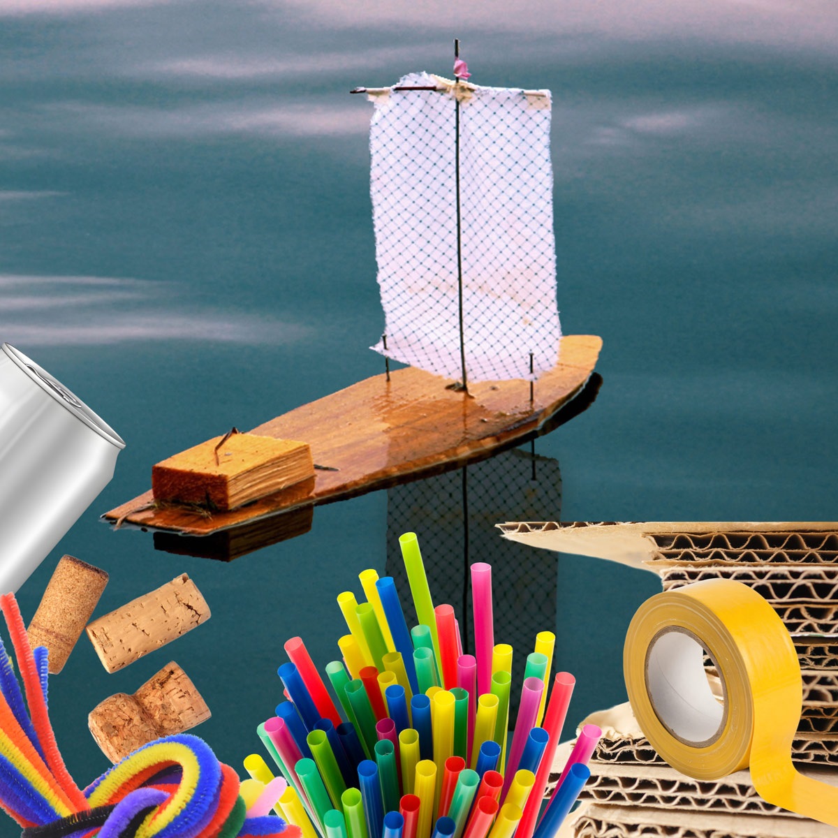 wooden sailboat with craft supplies tape, straws, cardboard