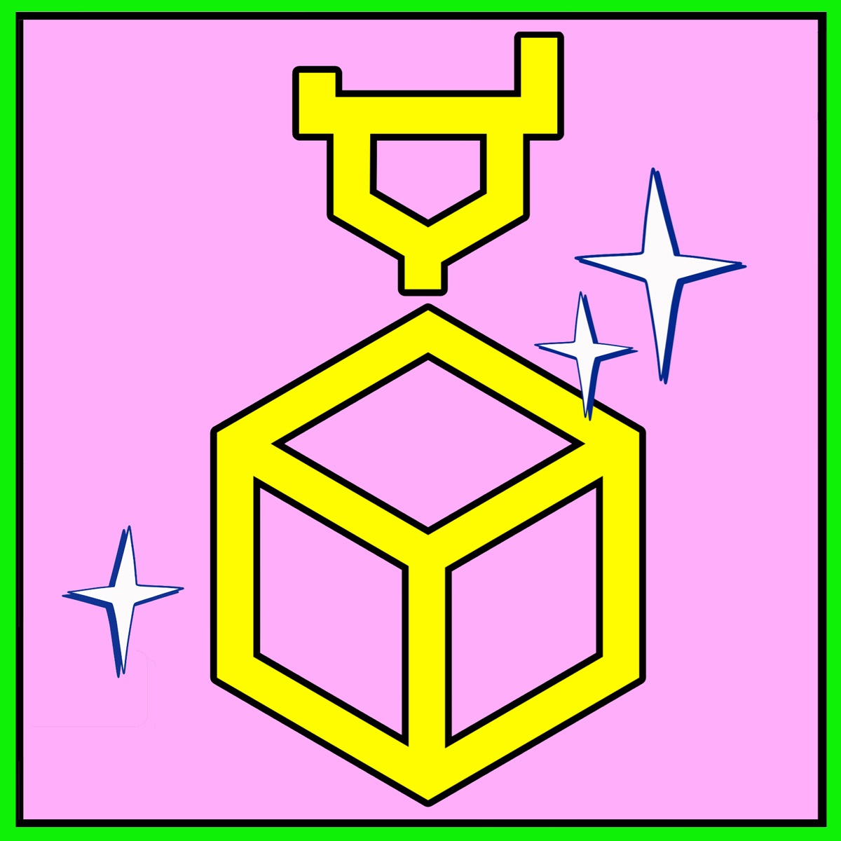 on a neon background a bright yellow icon of the tip of a 3d printer printing a cube.