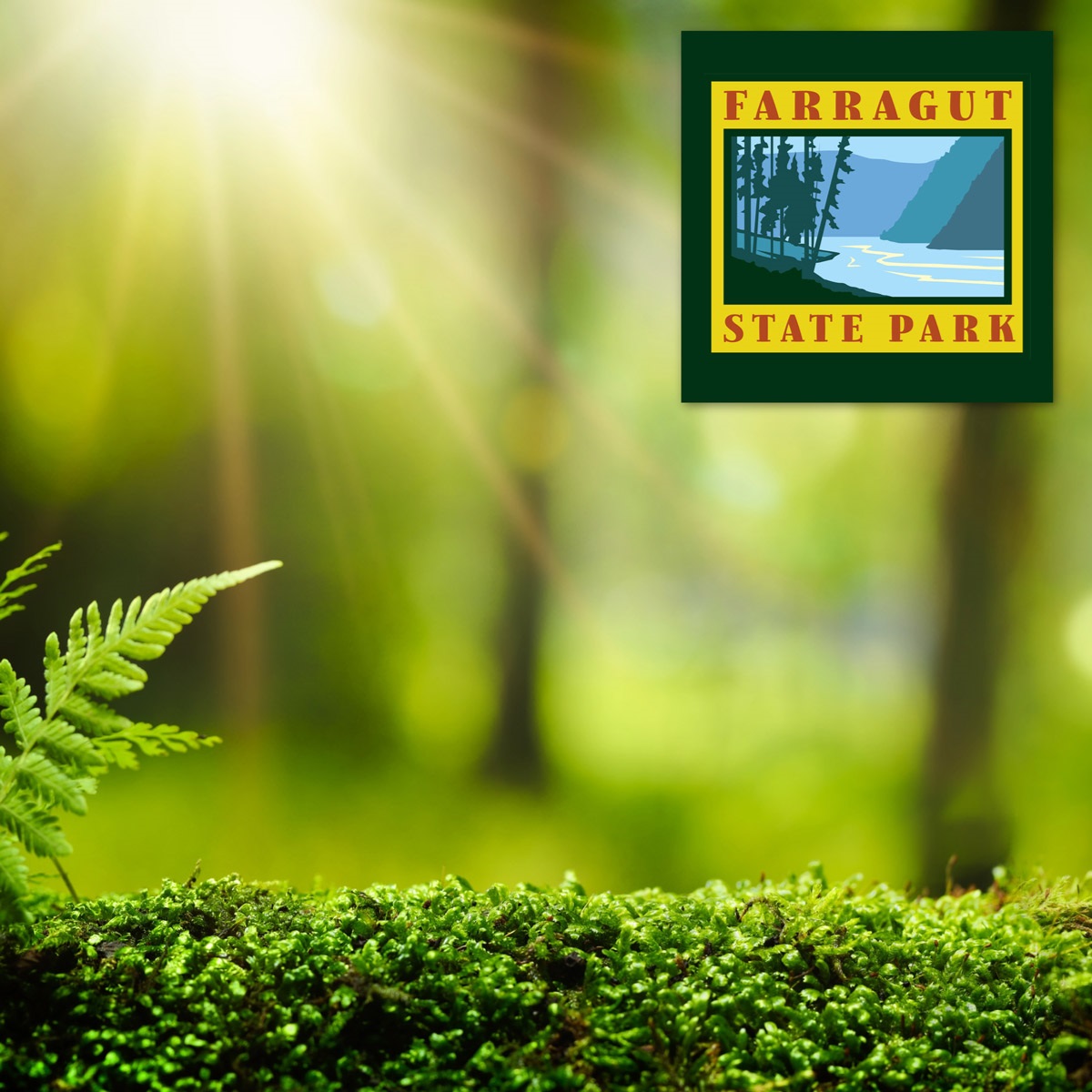 Farragut State Park logo with green forest background