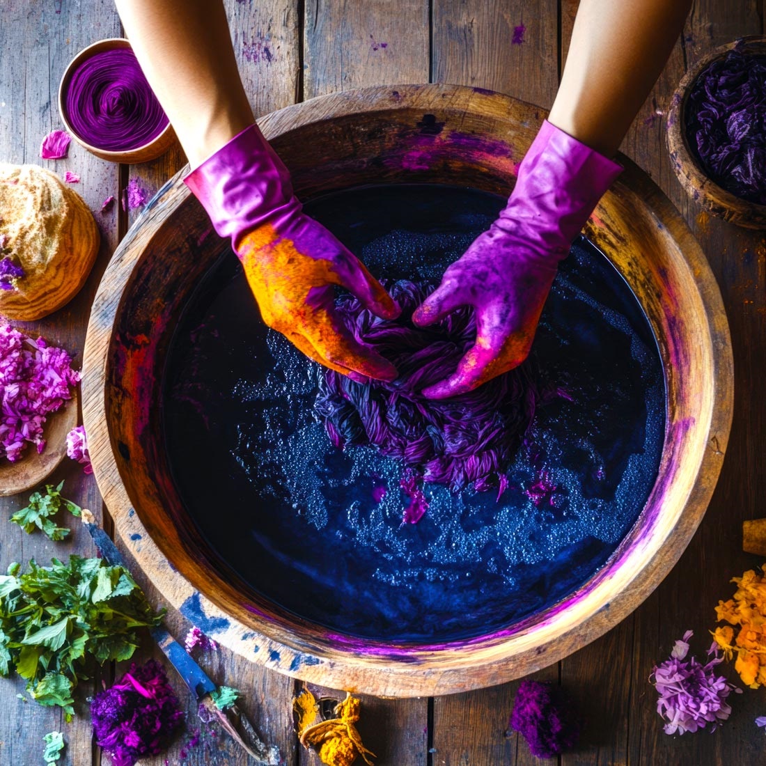 Colorful natural dyes in a large bowl. External Link opens in a new tab or window.