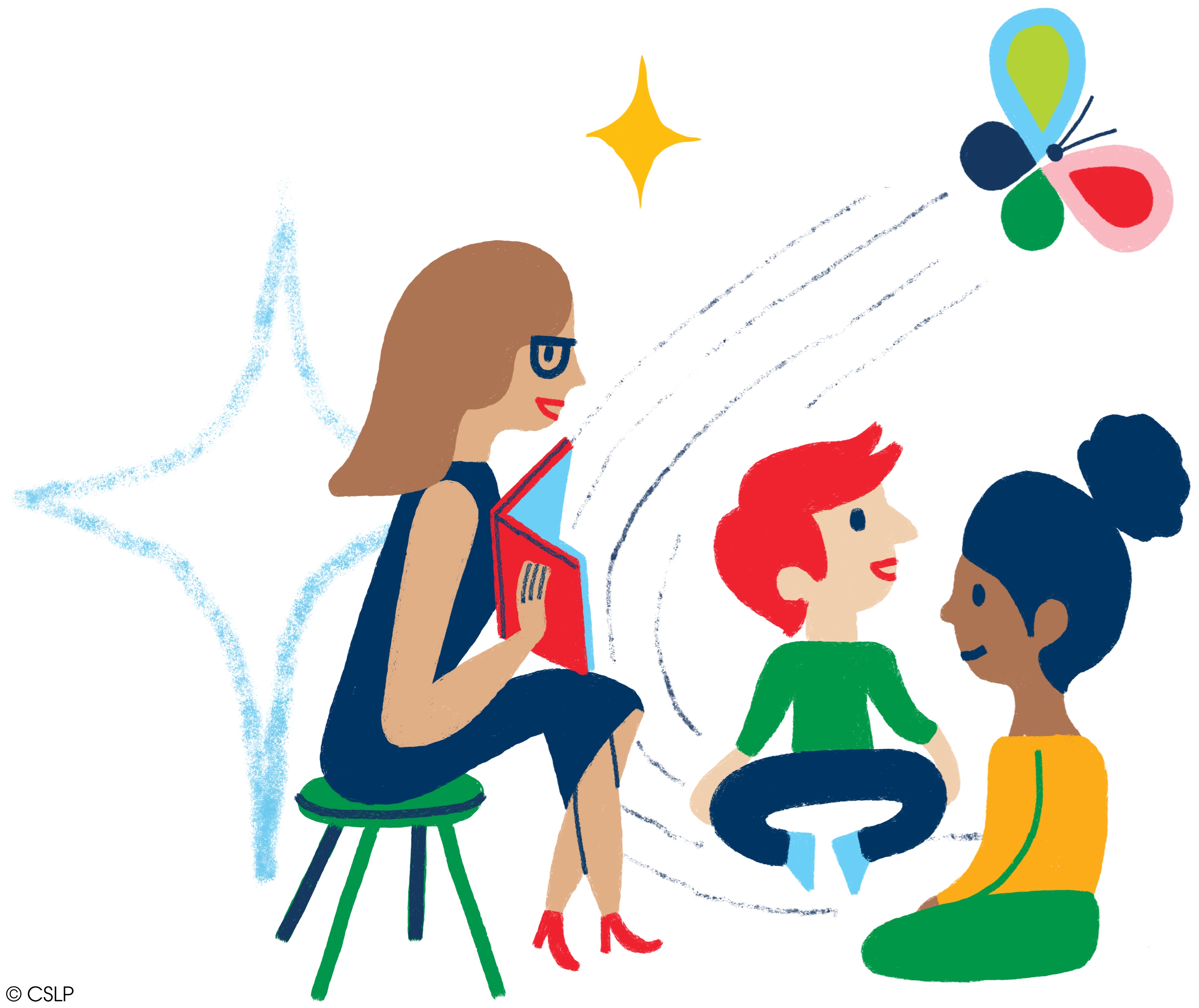 Colorful illustration of an adult reading to children. Link to external site, opens in a new tab or window.