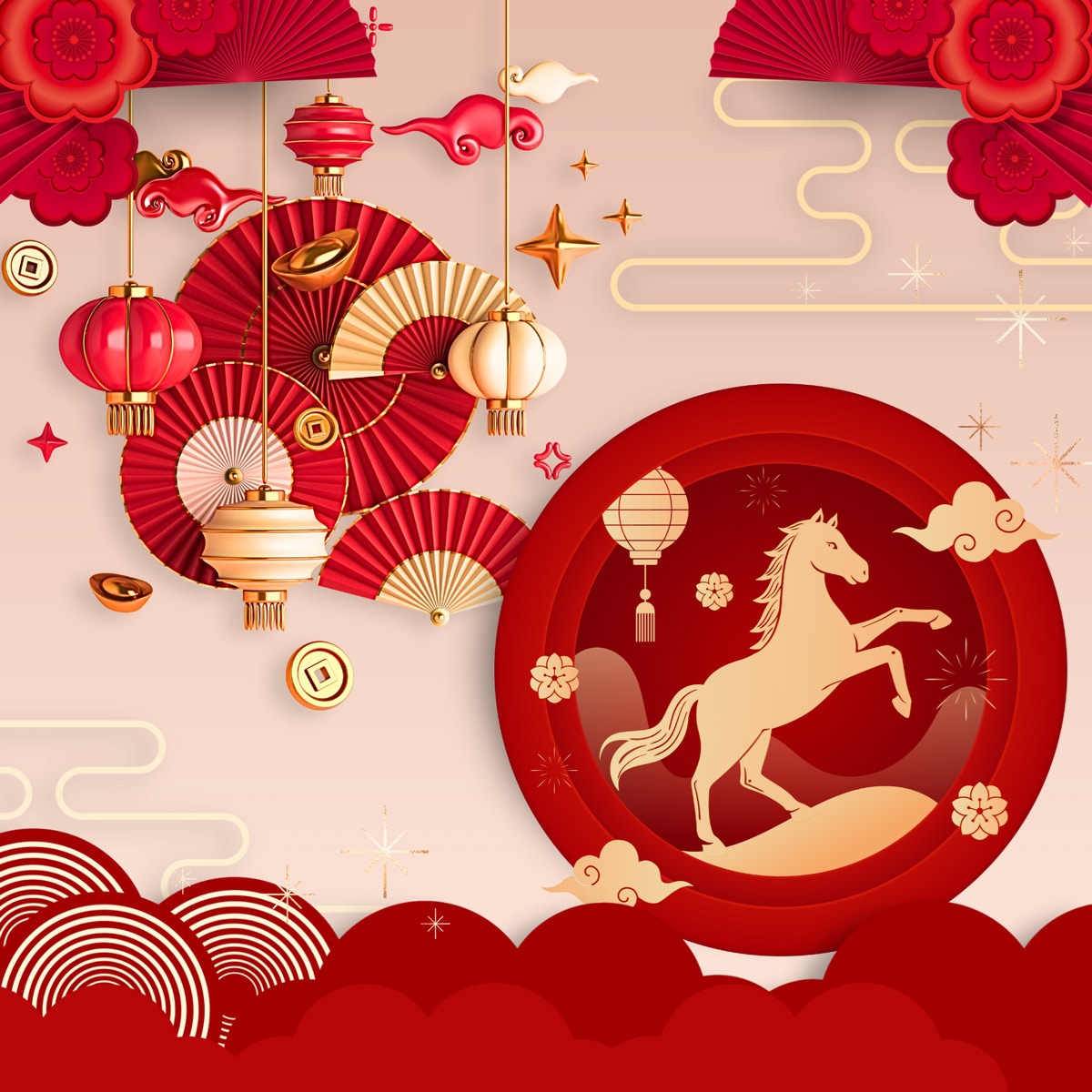 Red and gold decorations like fans and paper lamps above a gold horse in a red circle, representing the year of the horse.