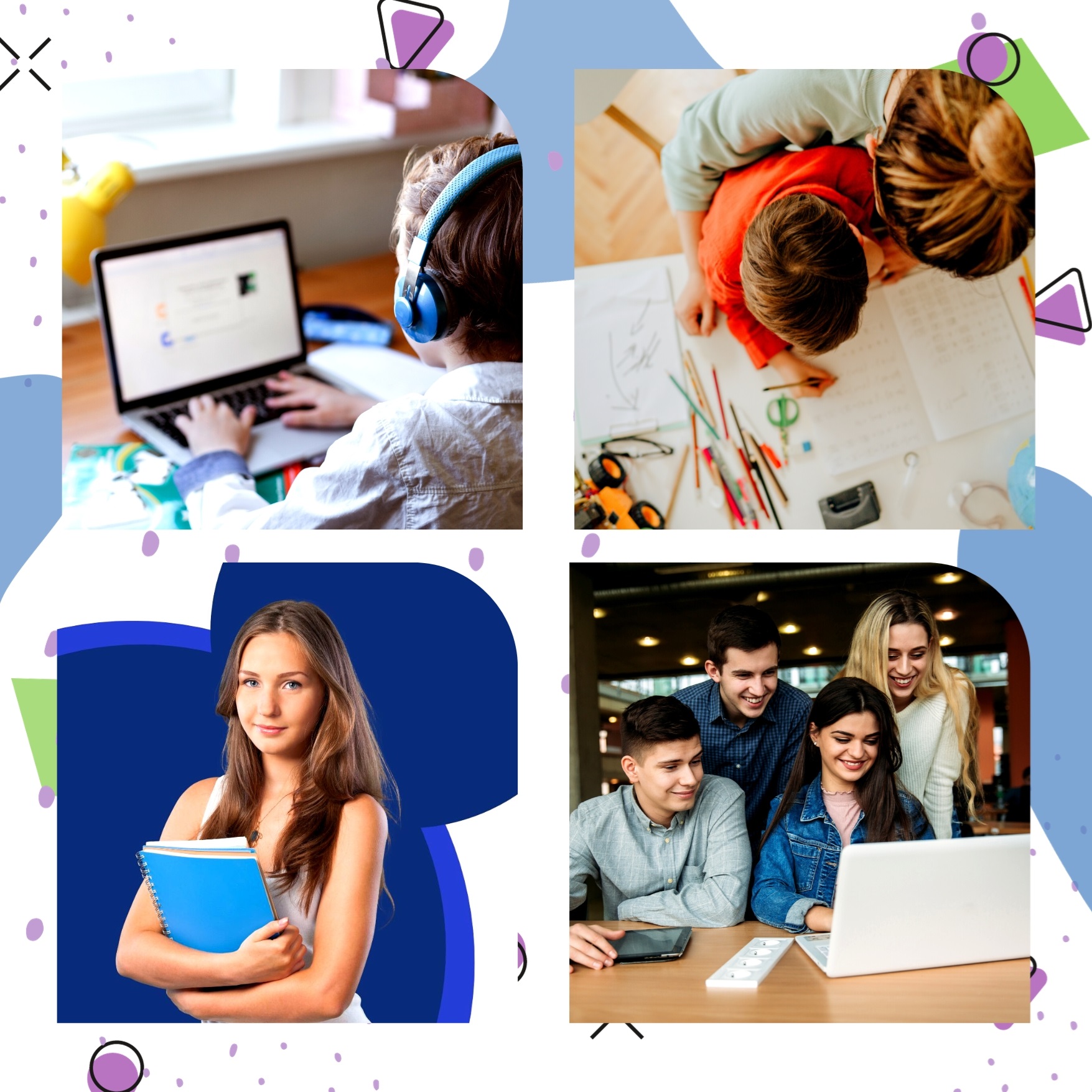 Image shows children participating in different activities like using a computer, reading, etc.