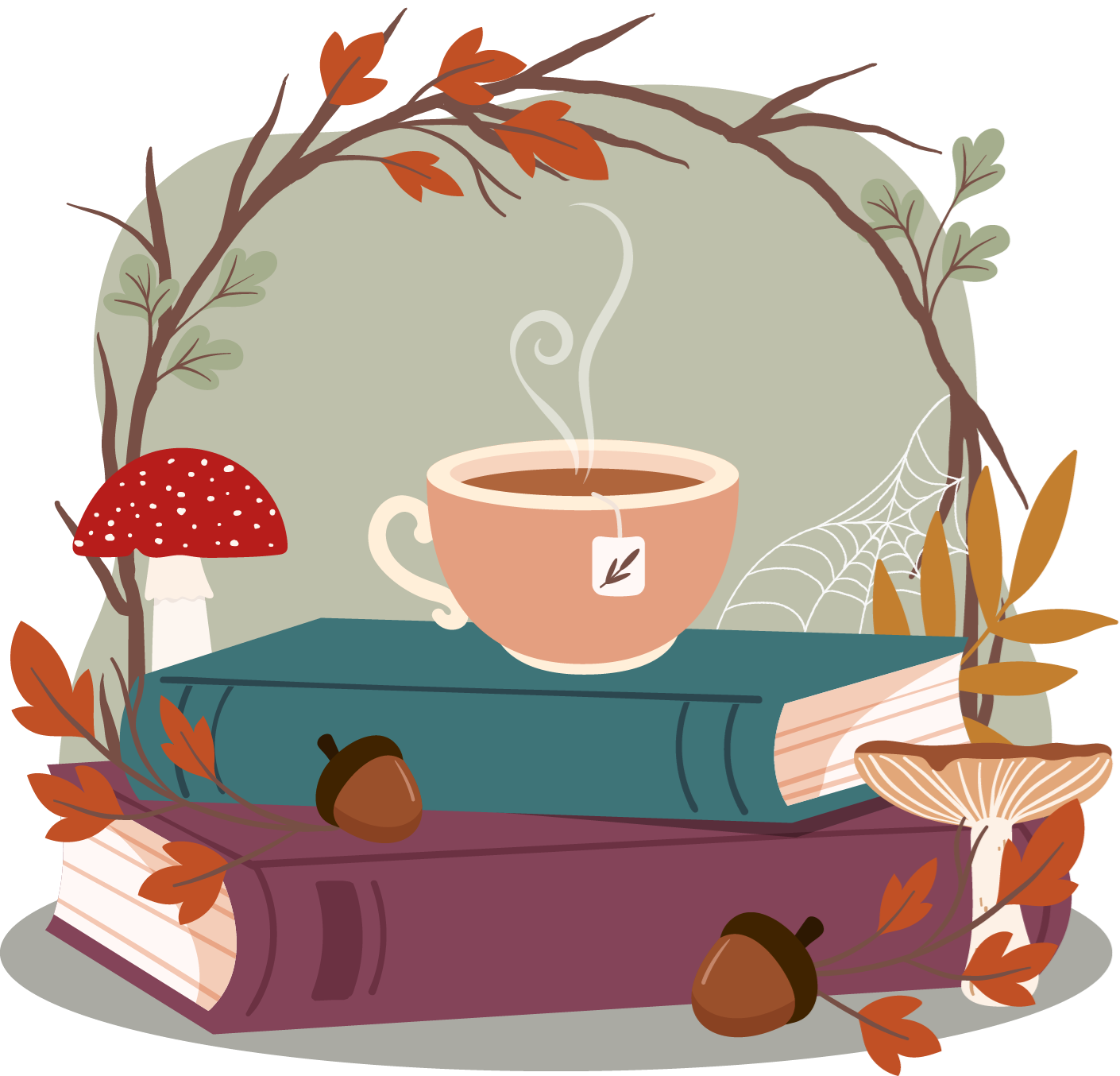 There are two books lying flat.  On top of the books is a tea cup full of steaming tea.  Around the image is a thinning fall wreath.