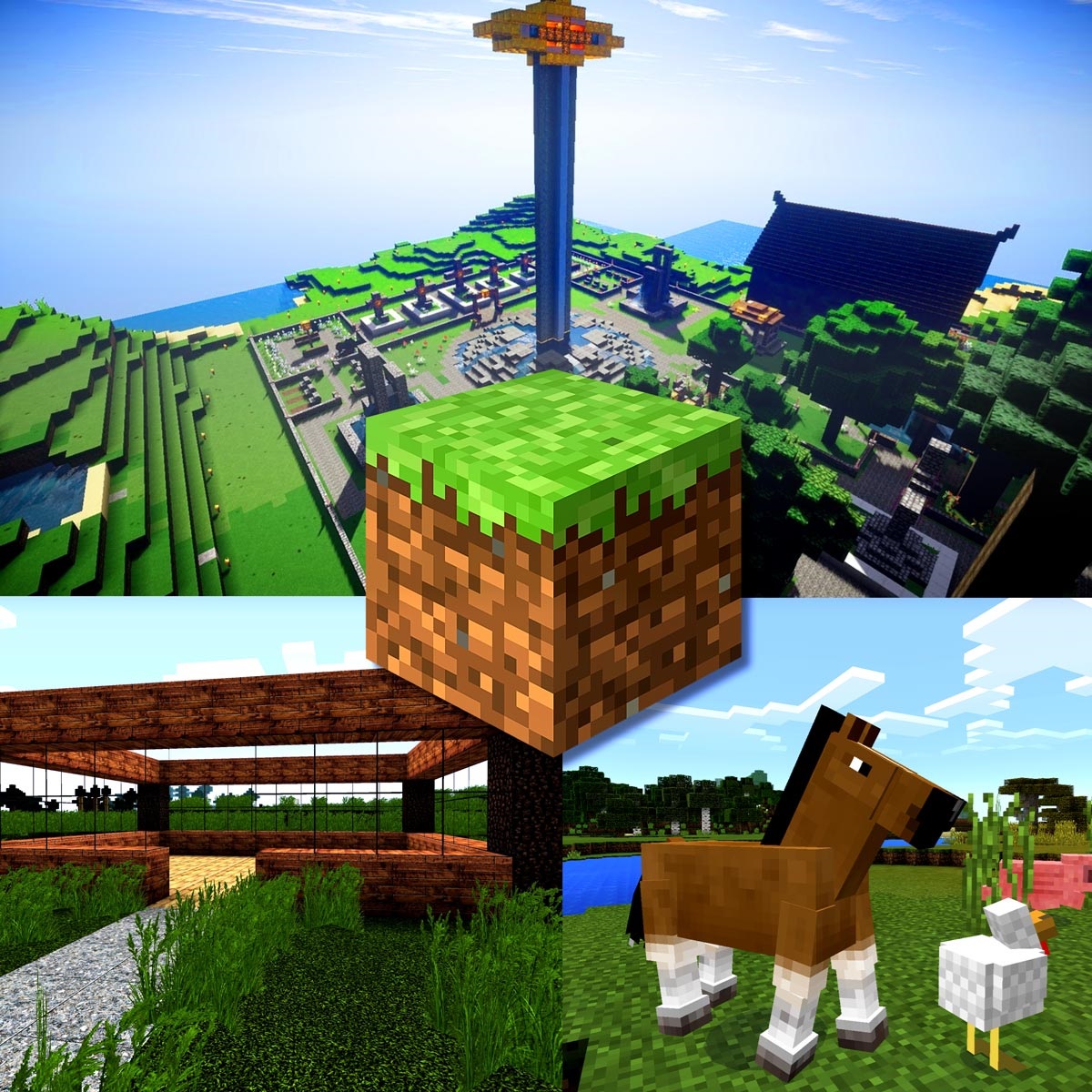 5 small images of scenes from Minecraft