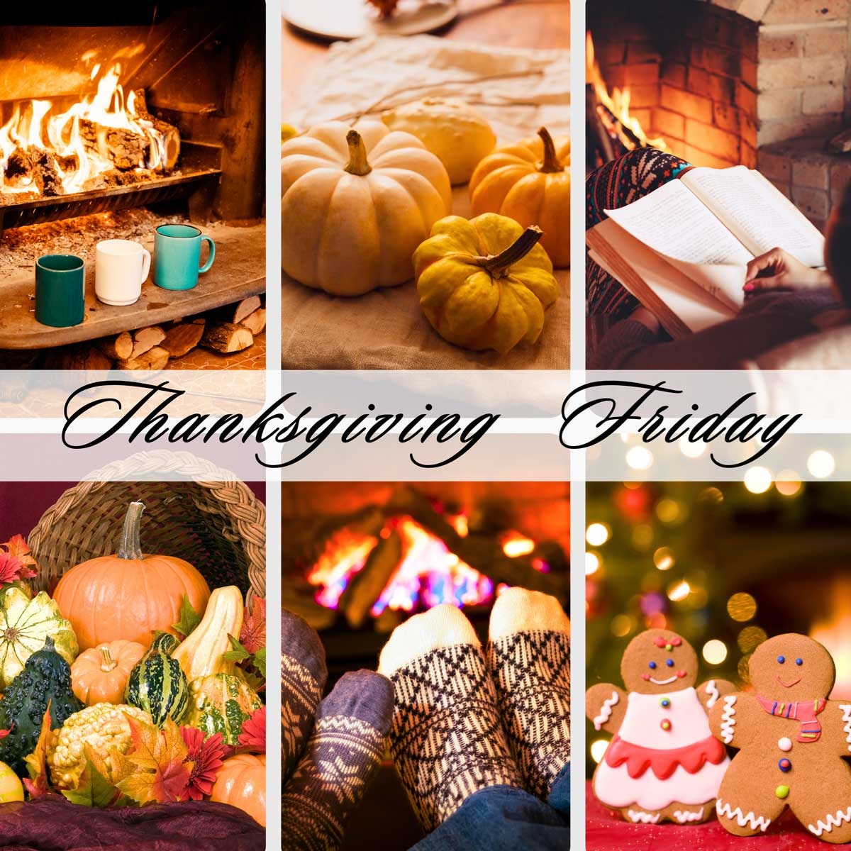 Image Reads: Thanksgiving Friday. Mugs by a fire, mini pumpkins, person reading in front of a fire, cornucopia of squash, socked feet in front of fire, gingerbread cookies. Links to external site. Opens in a new tab or window.