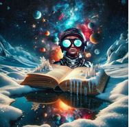 Image shows a steampunk style drawing of  a person behind a book and in front of a galaxy full of planets. 