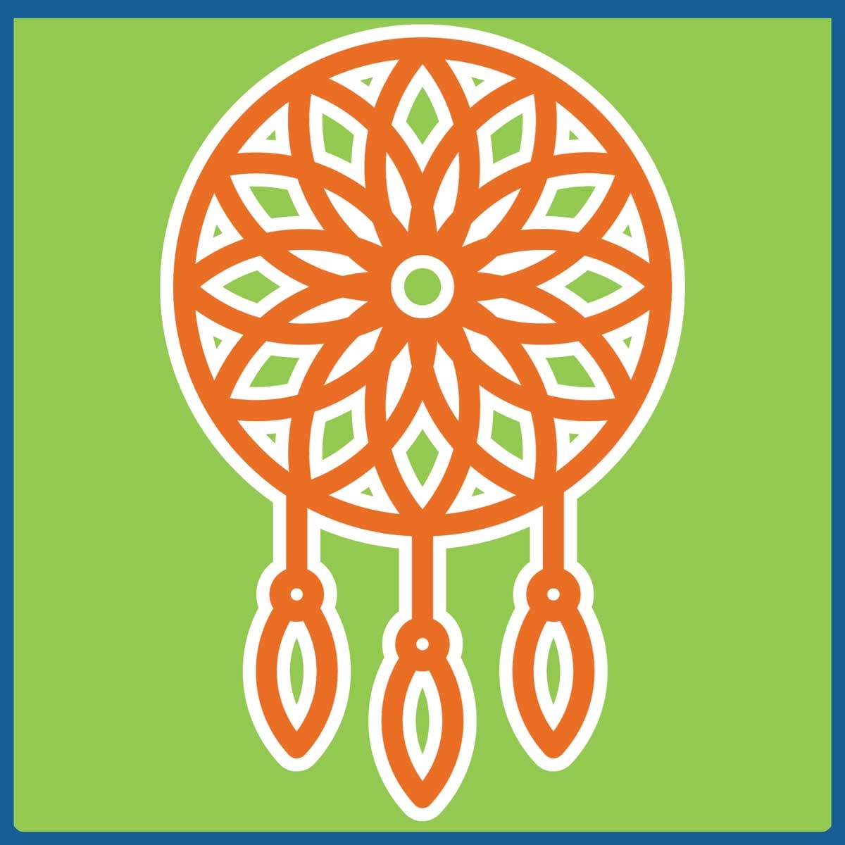 Image depicts a drawing of an orange dream catcher on a green background. Links to external site that opens in a new tab or window.