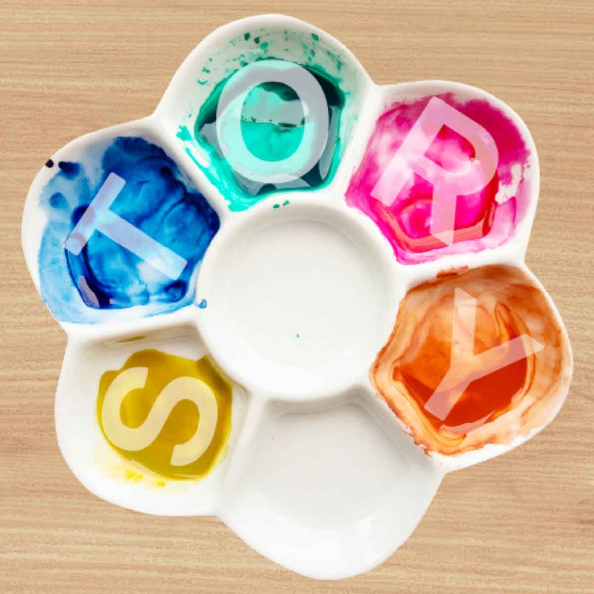 paint palette with letters "s t o r y"