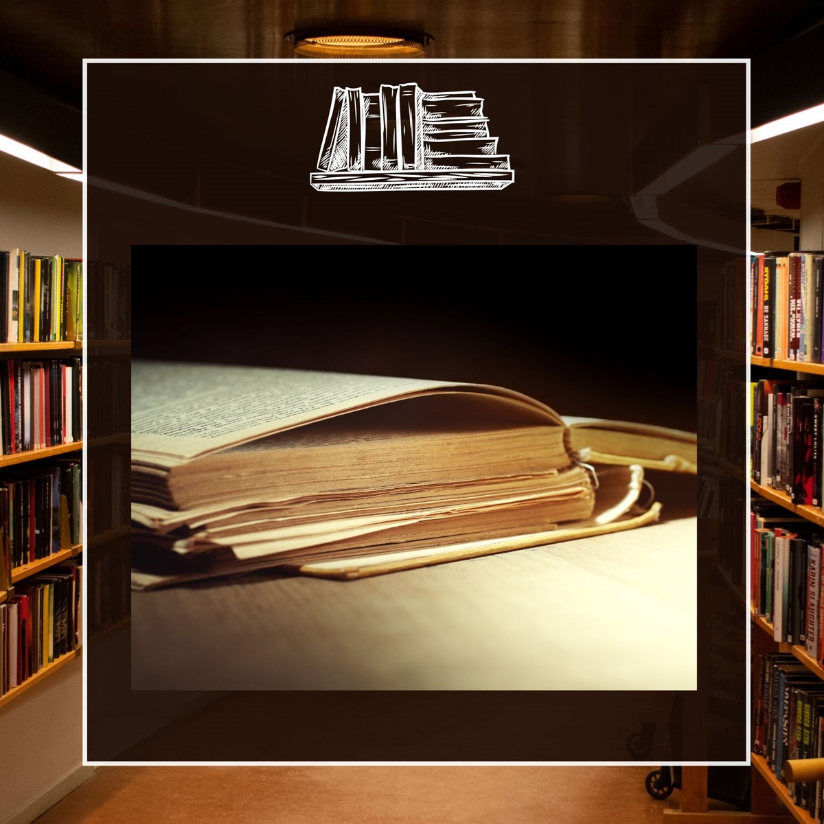 An older, treasured book, needing to be mended, and full library book shelves in the background.