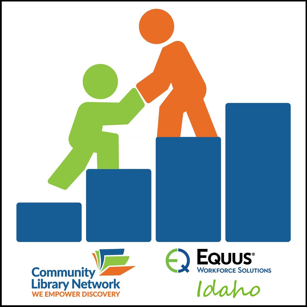 Image depicts a sticker figure helping another stick figure up a set of increasing steps.  Underneath the steps is the community library network logo and equus workforce solution logo.