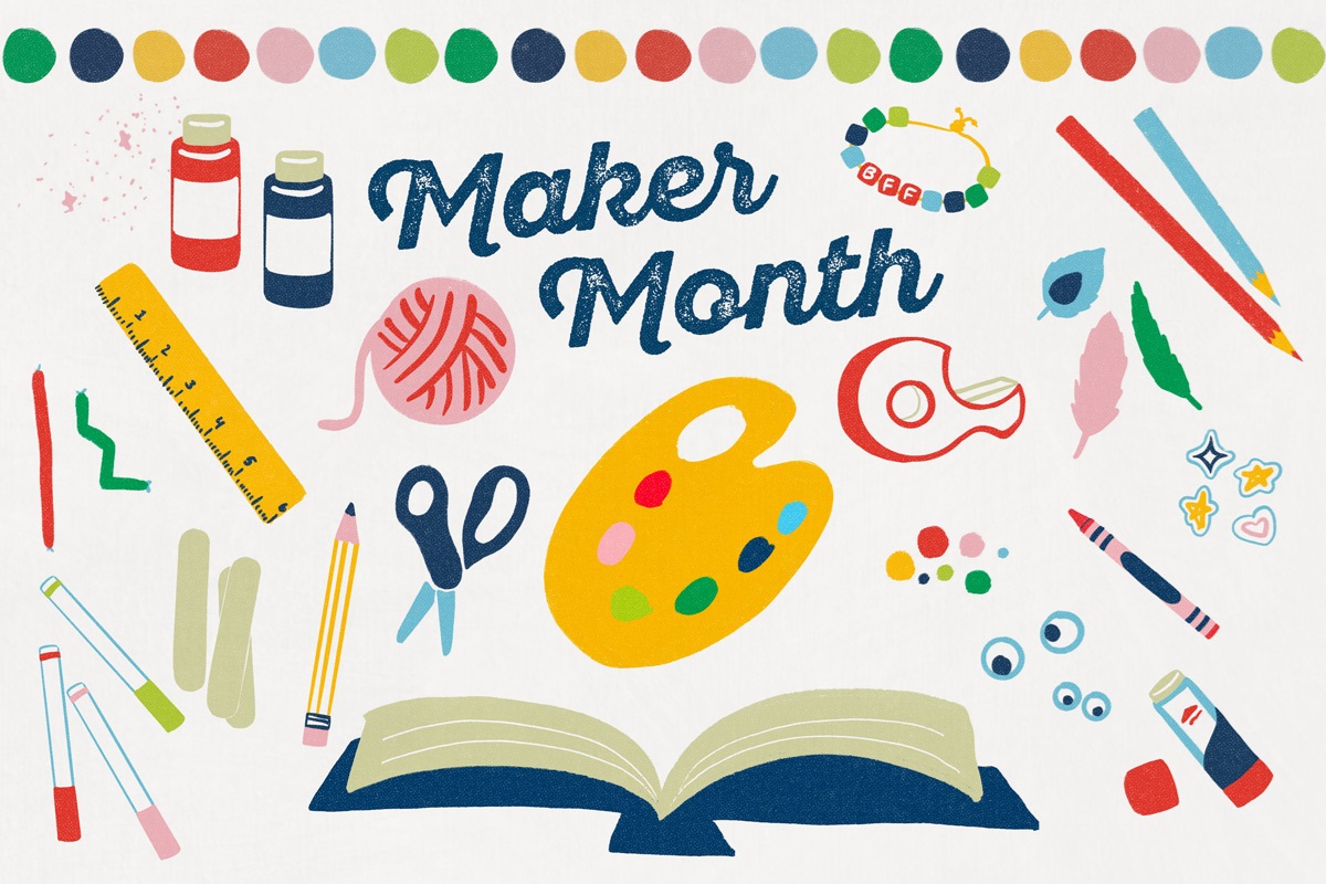 Maker Month headline with lots of craft icons such as scissors, art supplies, etc.