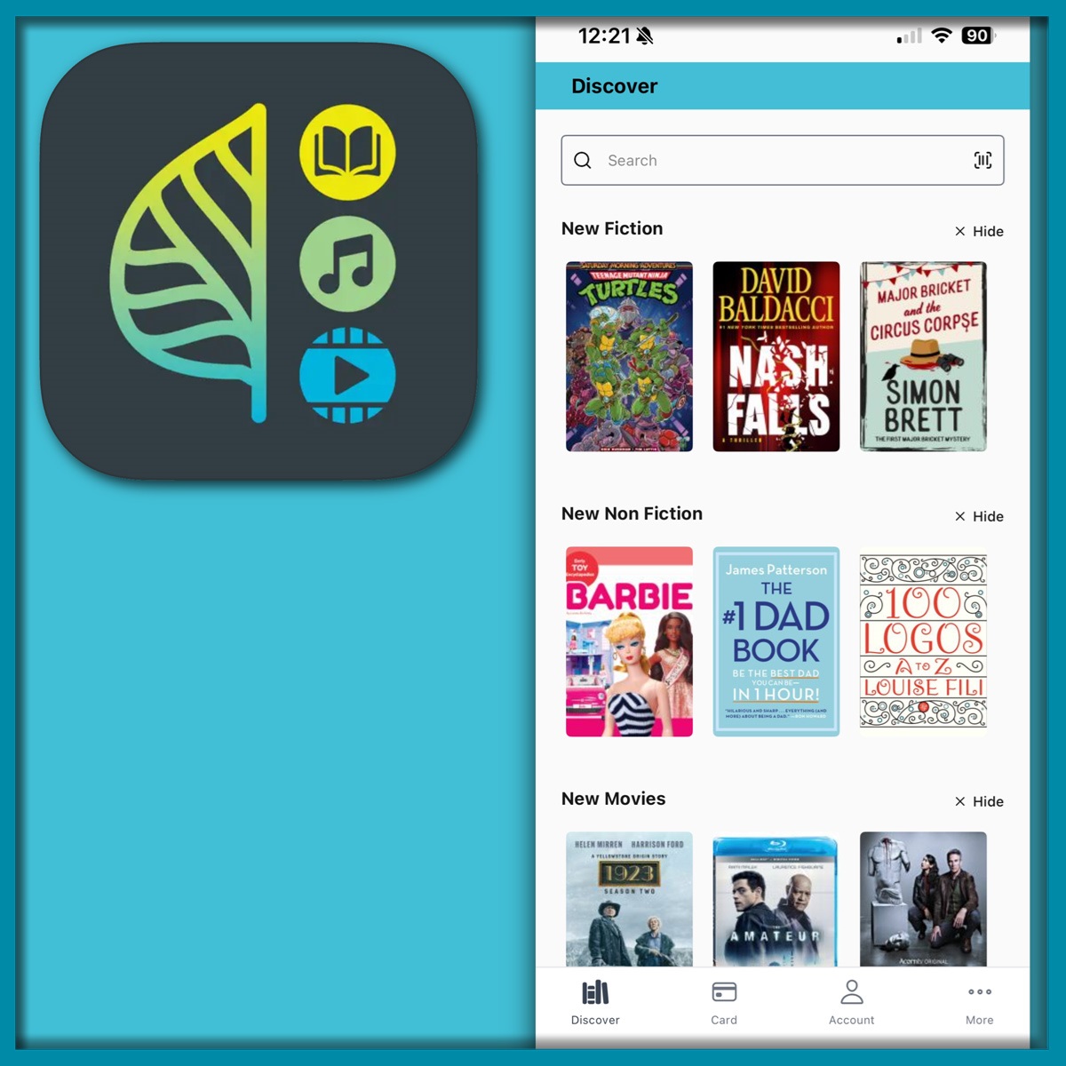 Pictured on the left is the icon for the Aspen-Lida app.  On the right of the image is a picture of multiple books shown in the same way they would on the app.