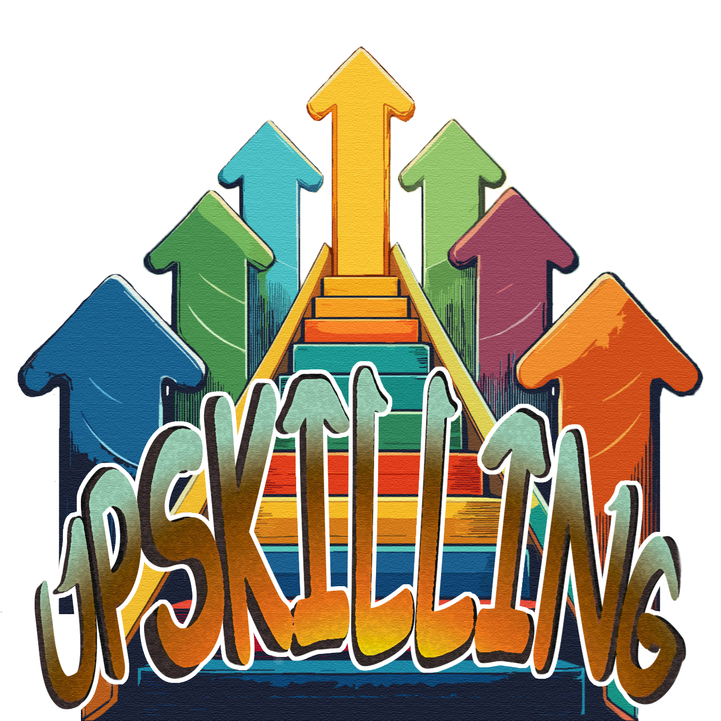 Image reads Upskilling.  There is a set of stairs behind the words and a bunch of arrows pointing up emerging from the word "upskilling" at the bottom. Links to external site that opens in a new tab or window.  