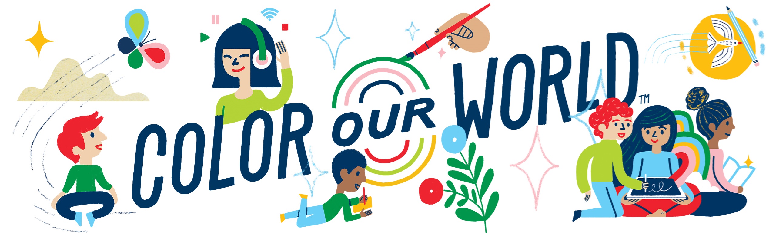 Color Our World banner showing people reading, colorful books, colorful plants, and other fun graphics.