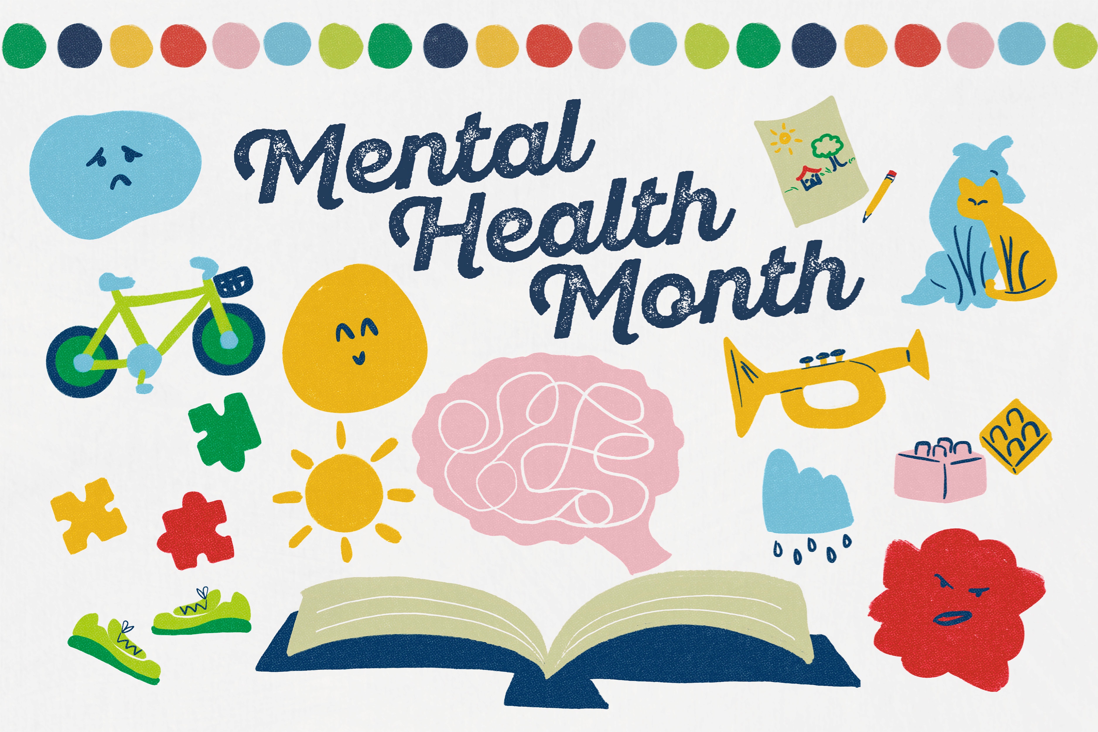 words "Mental Health Month" with image of cloud, brain, bicycle, colorful dots