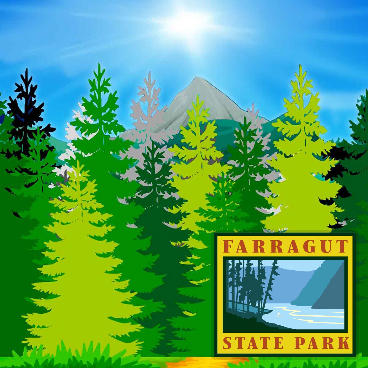 A forest of green trees.  On the bottom right corner is the Farragut State Park logo.