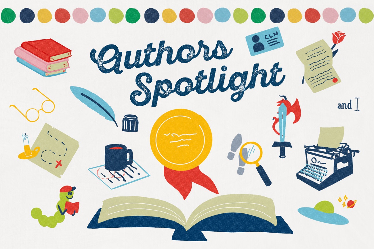 The words, Authors Spotlight, above icons that represent authors: typewriter, books, an inkwell and stylus, a book worm, etc.