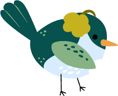 cartoon bird in shades of green wearing ear muffs.