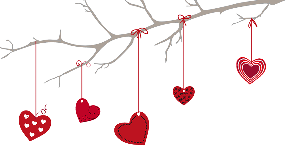 Illustration of branch with valentine hearts hanging from strings.