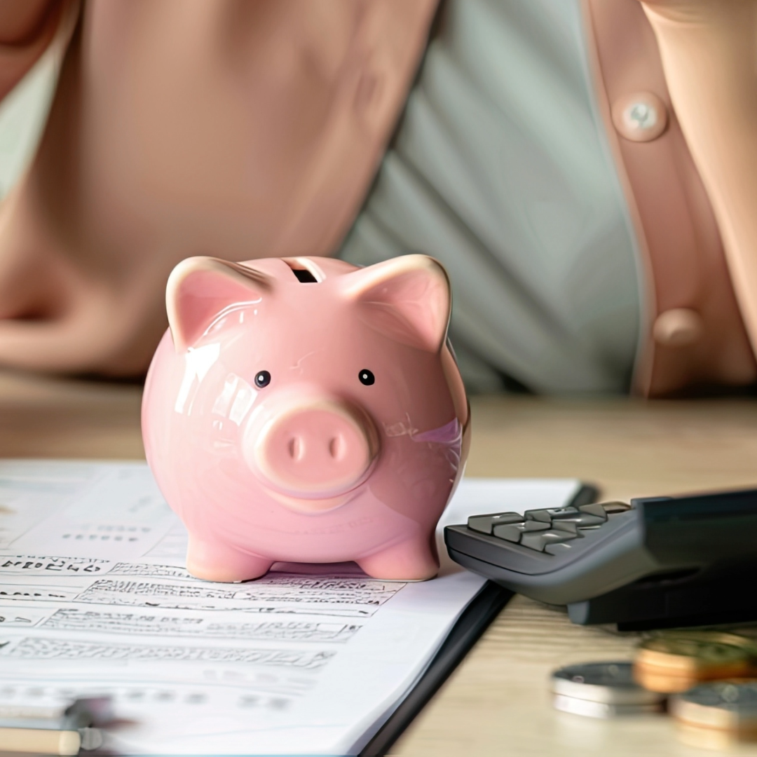 Person behind a desk with a piggy bank, calculator, coins, and clipboard on it.