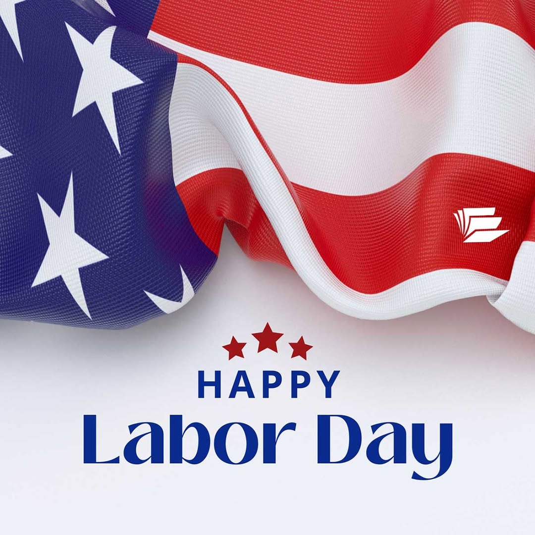 Happy Labor Day, American flag in the background.