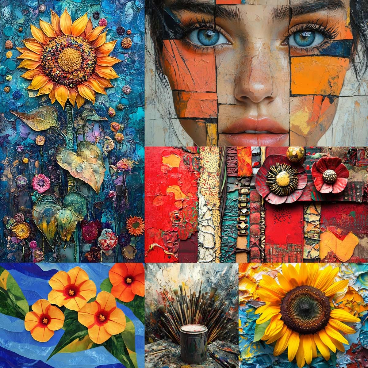 Image is a collage of mixed media art--leaning heavily on sunflower and yellow imagery.