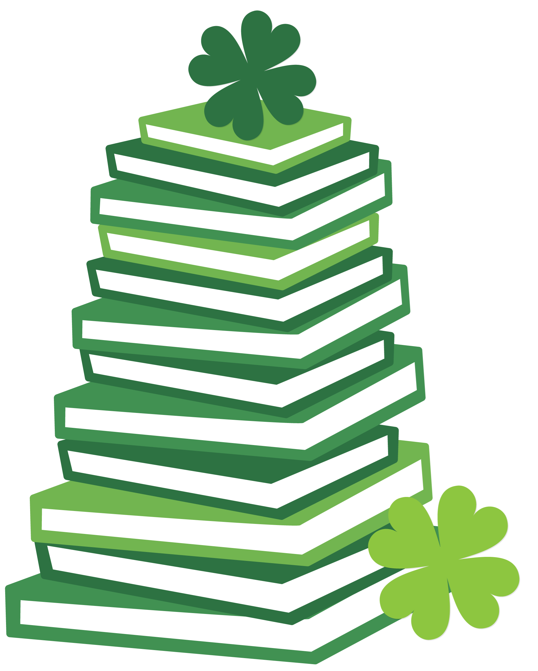 Stack of green books surrounded by four-leaf clovers.