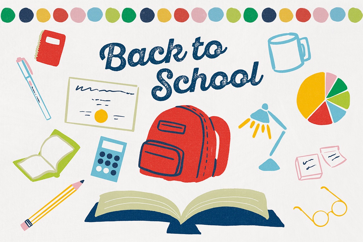 Back to school logo with a backpack and school supplies