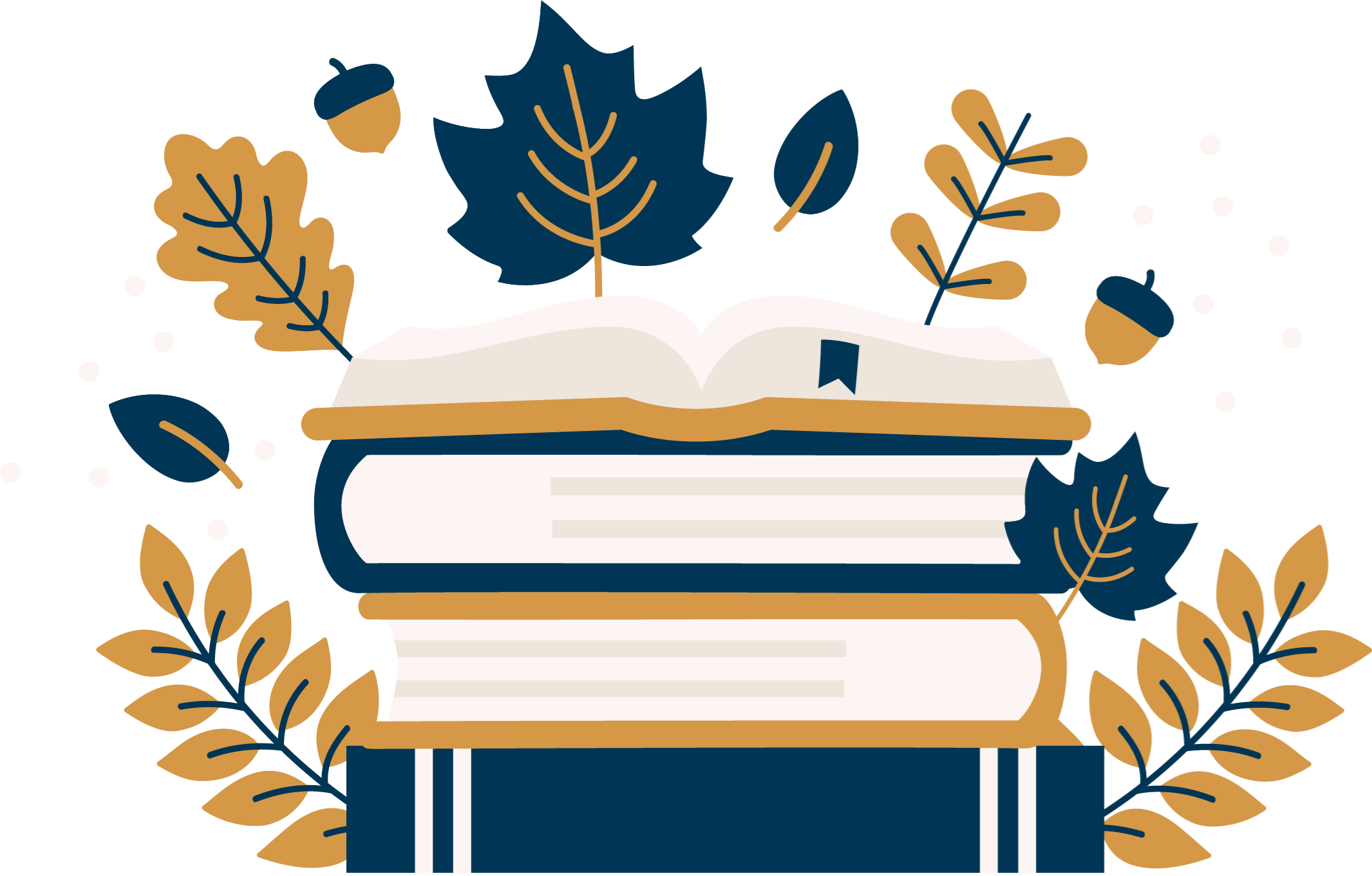 Fall leaves and acorns surrounding a stack of books