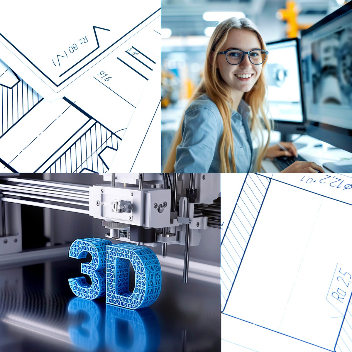 On a background of a blue print there are two images.  On the top right corner is a blonde woman with glasses on a computer.  On the bottom left corner is the arm of a 3d printer printing the world 3D in blue plastic.