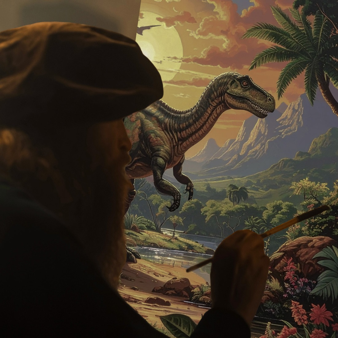 Leonardo da Vinci painting a dinosaur painting.