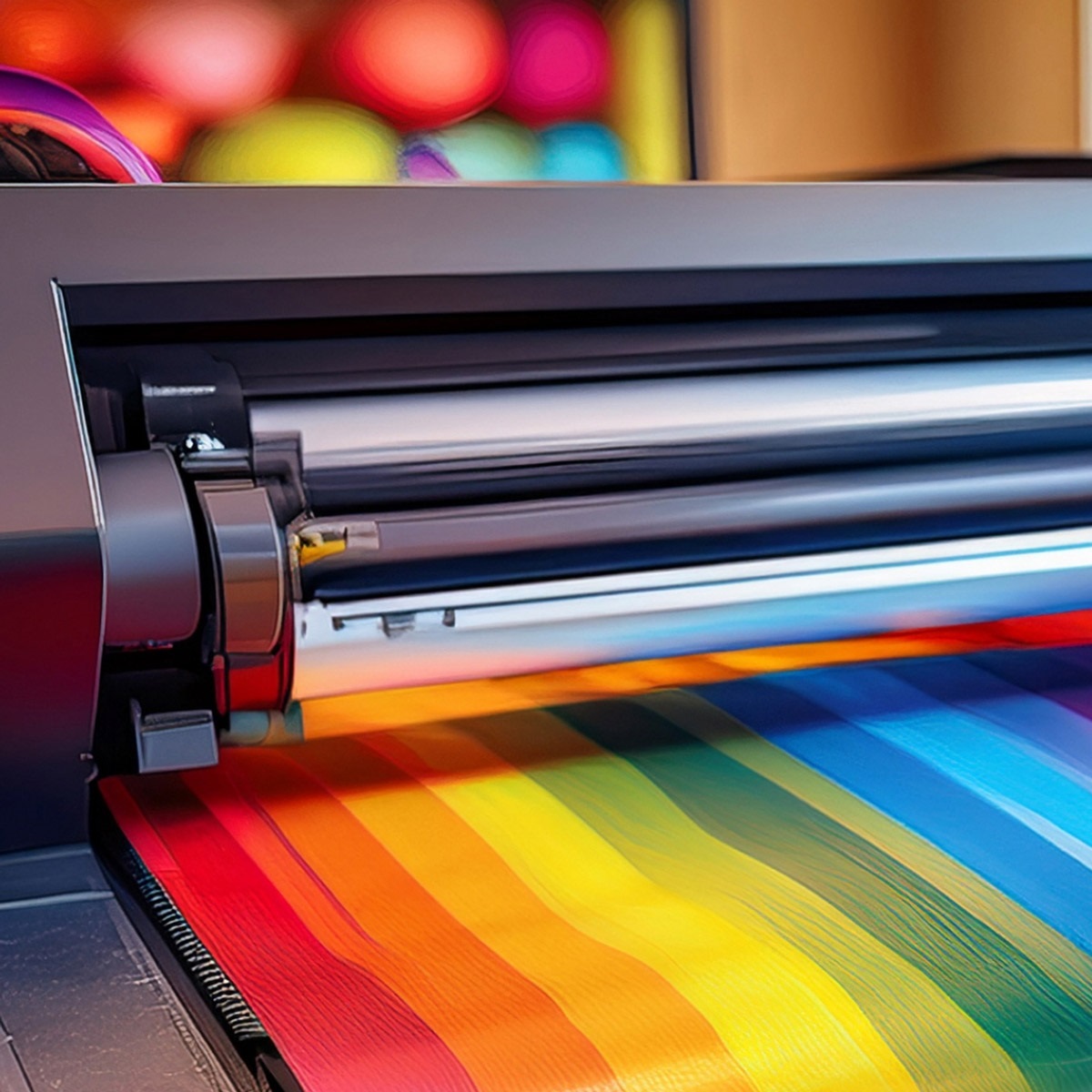 Image depicts a printer printing a rainbow of colors.