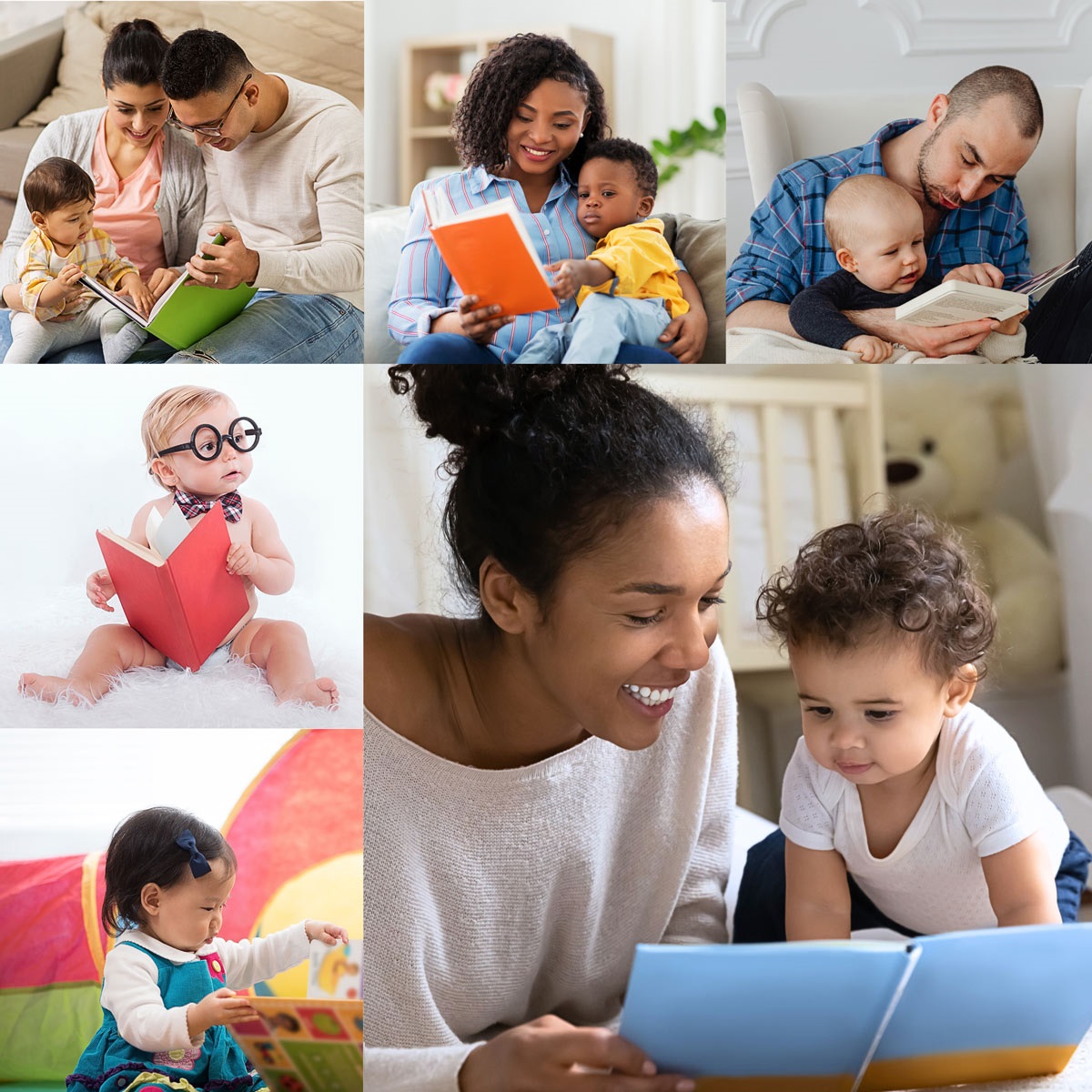 montage of young children reading with an adult