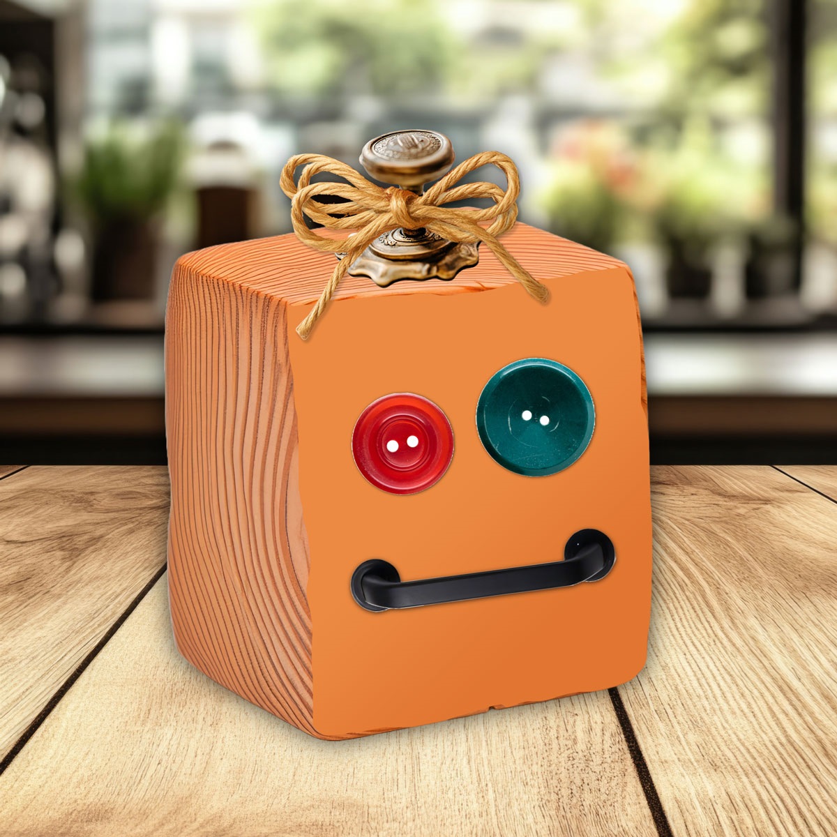 Image shows a orange square with mismatched button eyes, a drawer handle for a mouth, and a twine bow on top