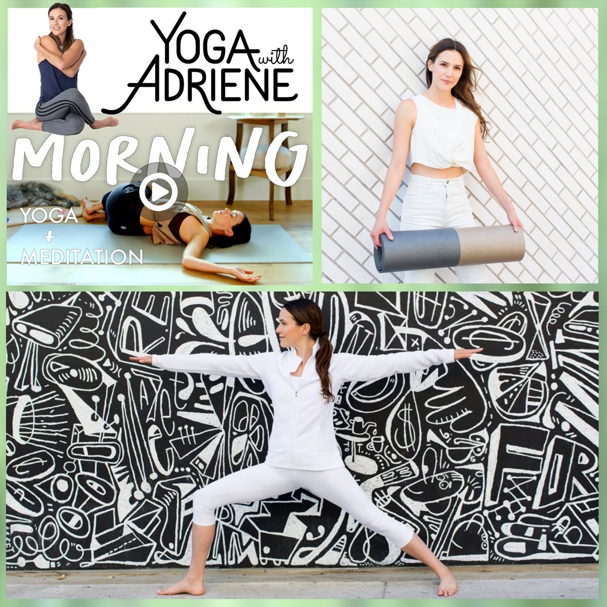 Image reads Yoga with Adriene and depicts (presumably) Adriene doing a variety of yoga poses.