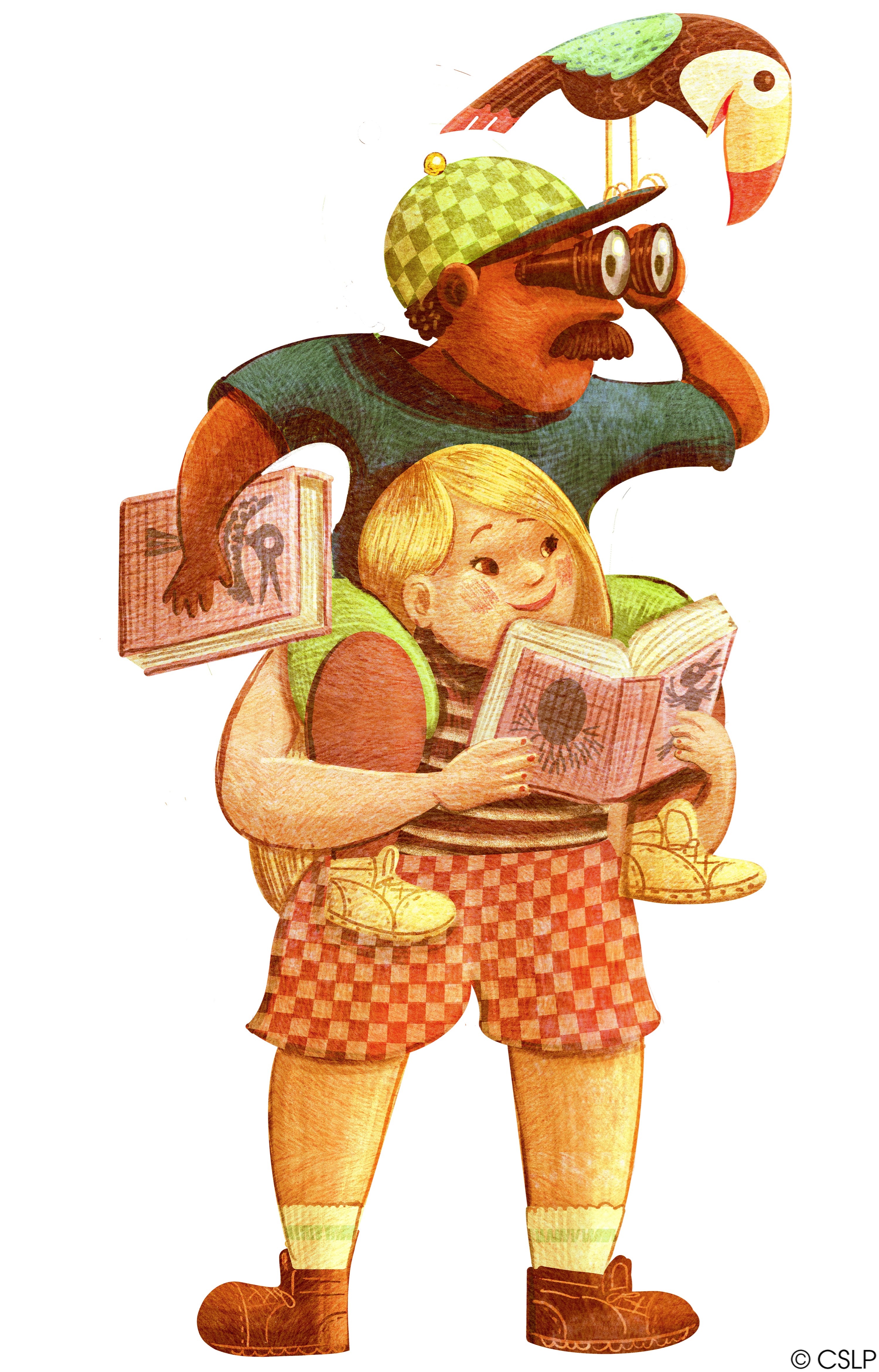 Image depicts a man on the shoulders of a girl.  There is a toucan bird on the man's hat.  He is using binoculars to look out.  The girl has a book open.