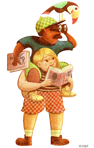 Image depicts a man on the shoulders of a girl.  There is a toucan bird on the man's hat.  He is using binoculars to look out.  The girl has a book open.