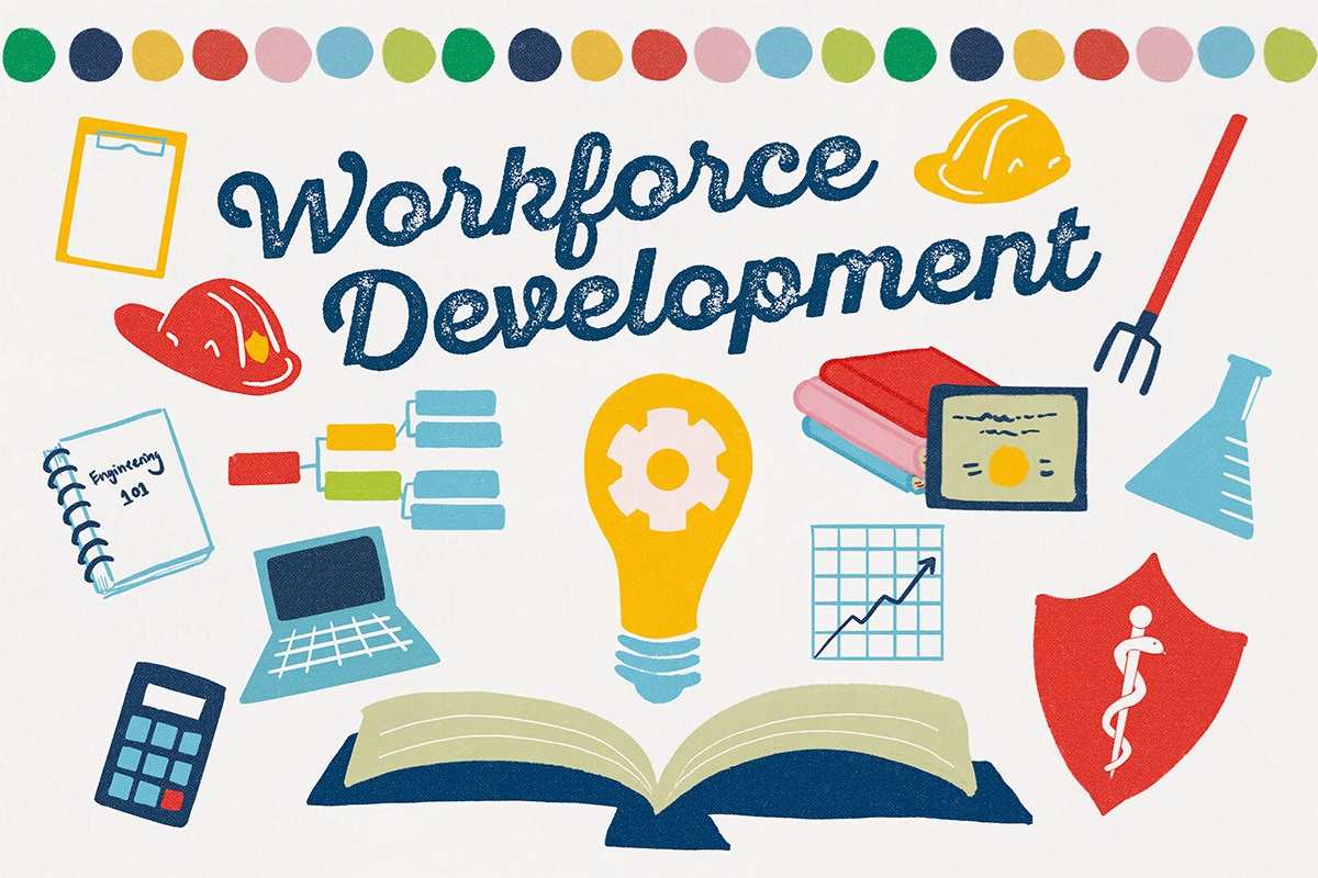 Image reads Workforce Development at the bottom of the picture is an open book laying flat, as if emerging from the book are scattered images of work related items such as: hard hat, computer, calculator, graph, certificate, etc. At the top of the image is a border of colorful dots.
