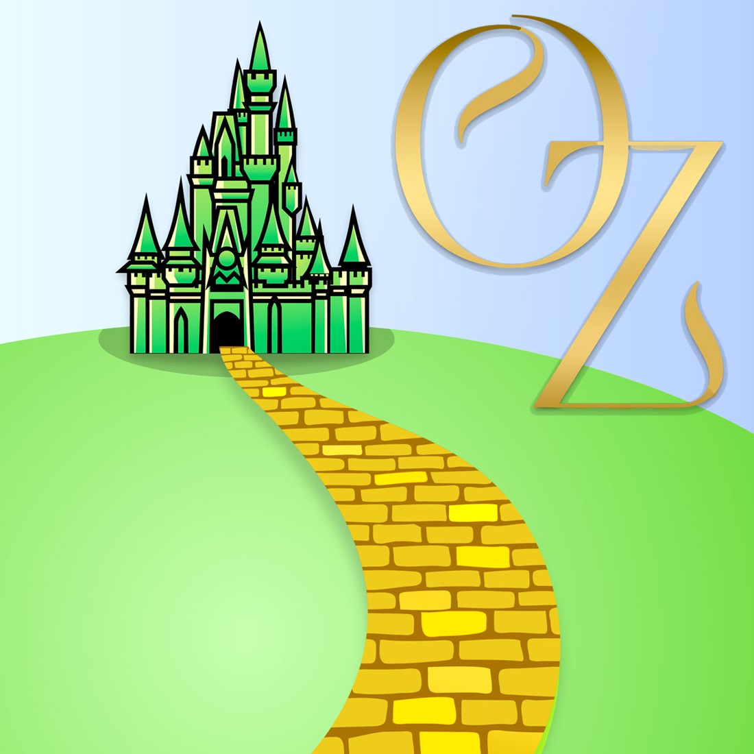 OZ- a yellow brick road leading to an emerald castle. Link to external site, opens in new tab or window.