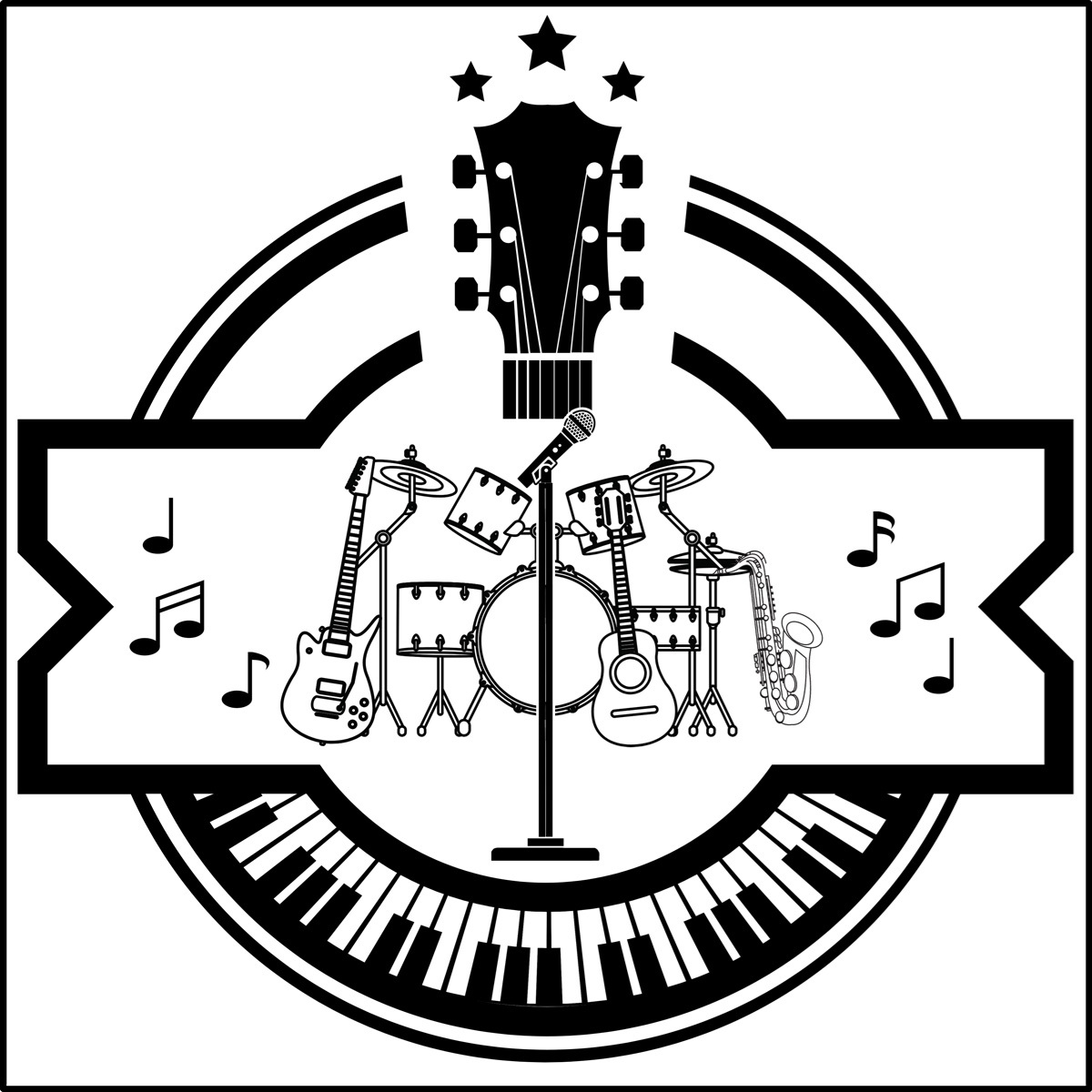 A logo-like picture of different instruments, a keyboard, a drumset, a mic, and the headstock of a guitar.