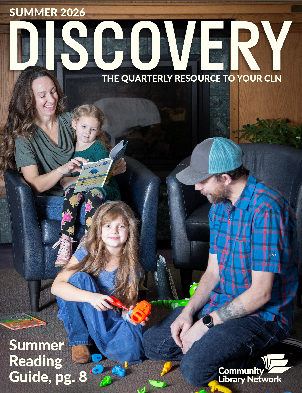 Discovery Summer 2026 Cover, Family of 4 sitting, reading, and playing with STEAM toys.