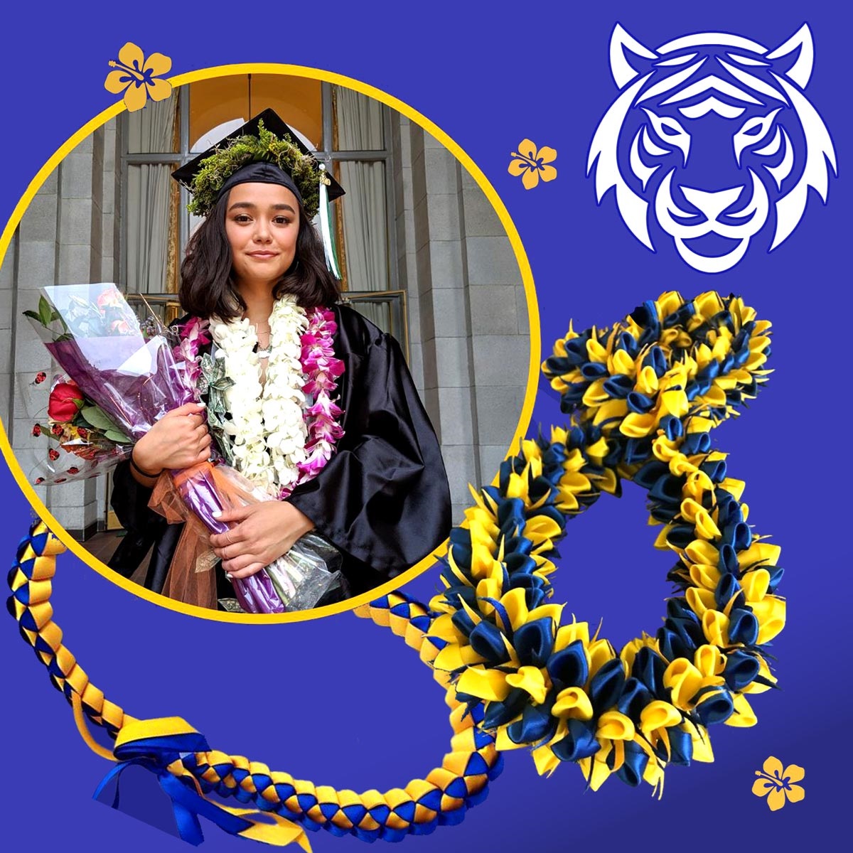 Image shows a graduate wearing leis in the foreground.  The background is timberlake blue with the timberlake tiger on the top right corner.  There are large blue and yellow leis.