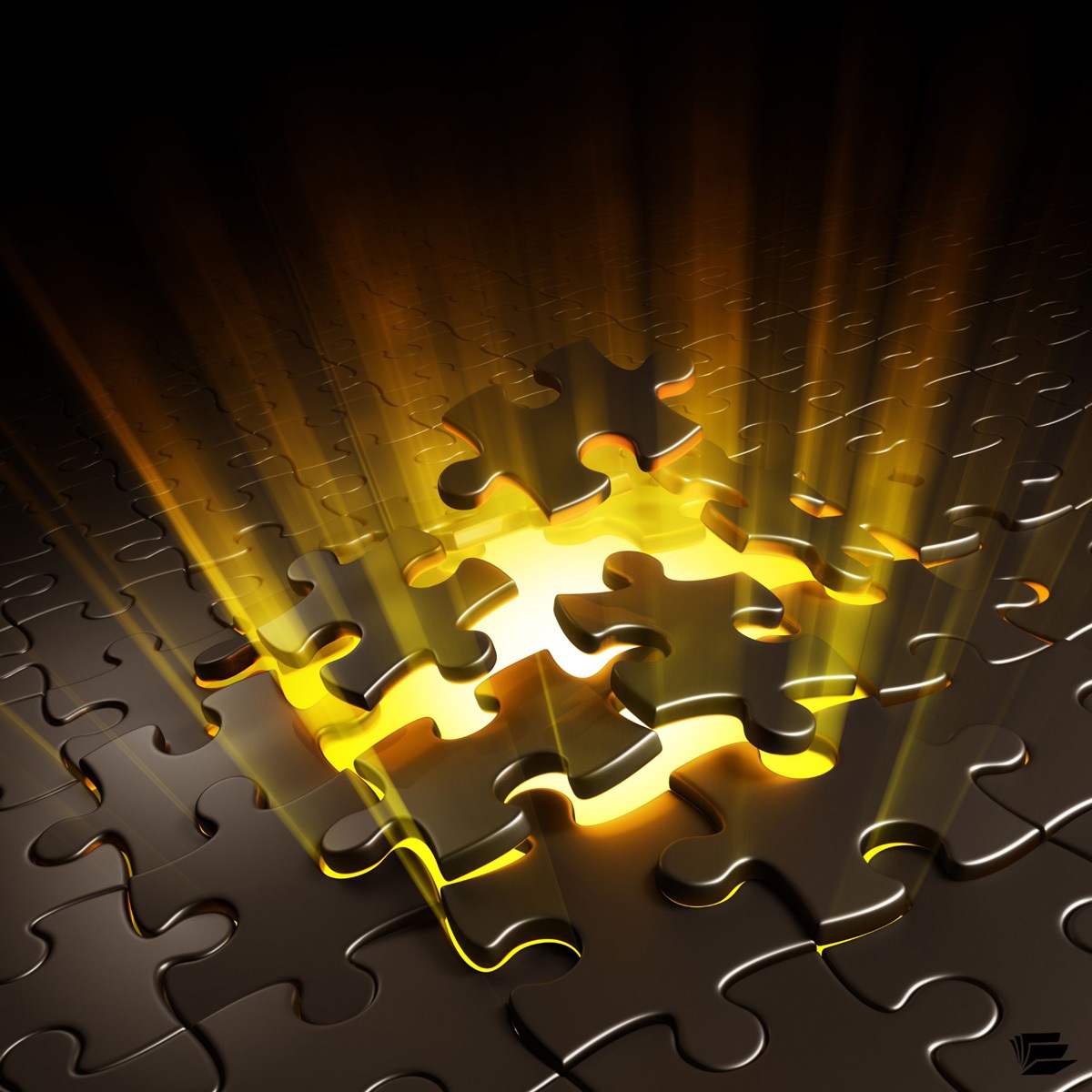 Image shows a close up of an all black puzzle, a light is bursting through, pushing some of the pieces up.