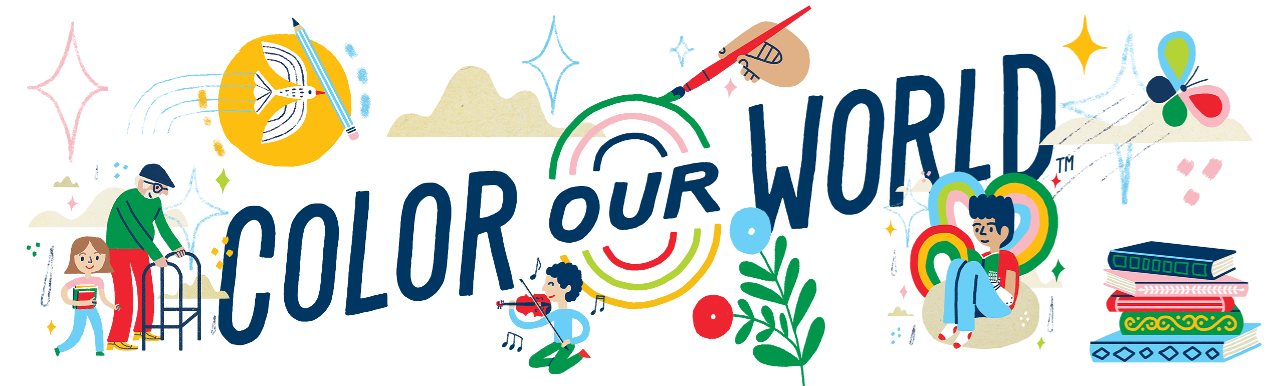 Color Our World banner showing people reading, colorful books, colorful plants, and other fun graphics.