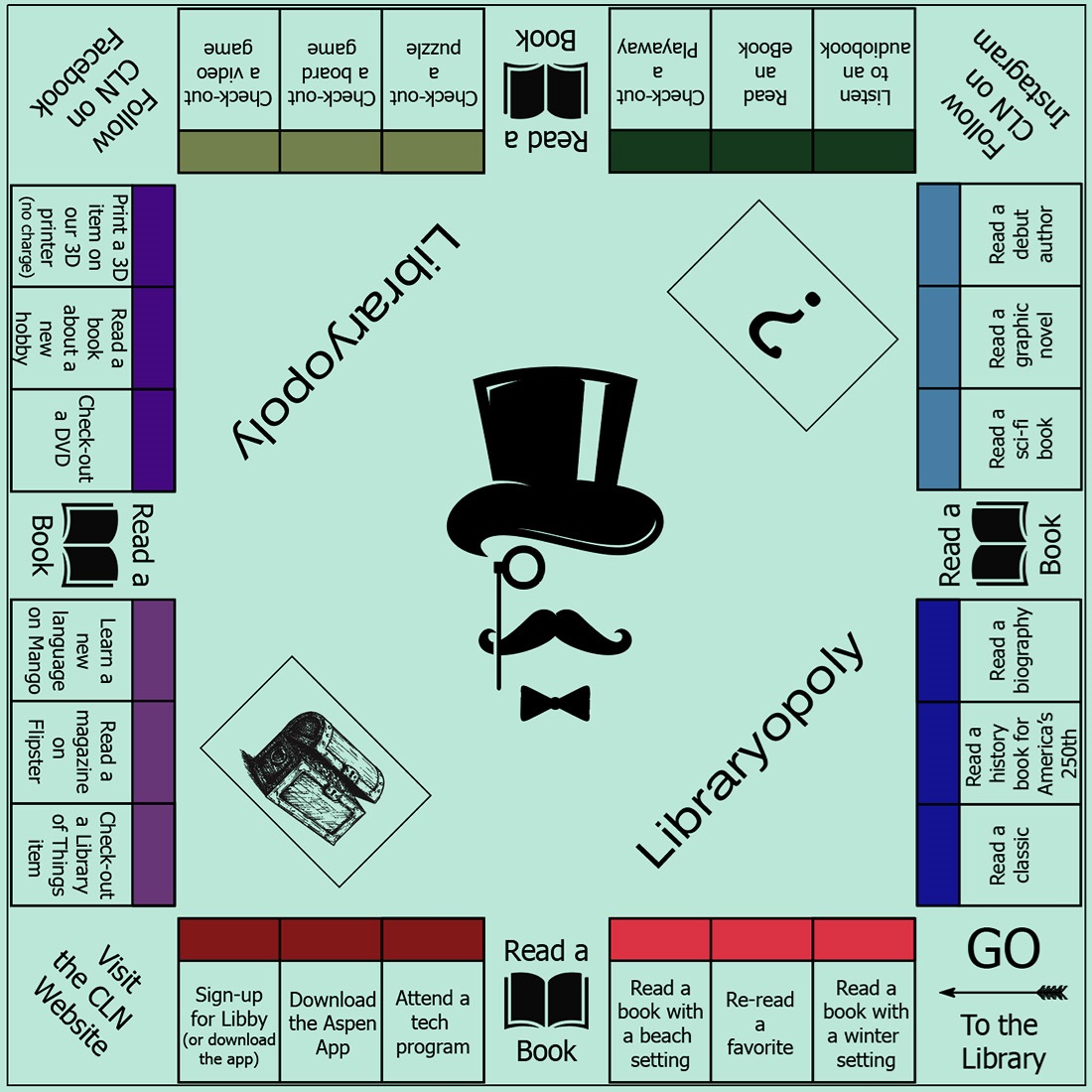 Small image of our Winter Reading Challenge that looks like a board game called Libraryopoly